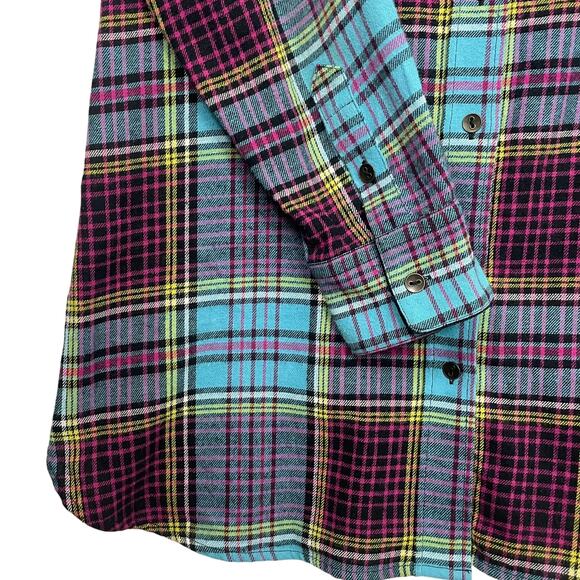 Soft Surroundings M Highlands Plaid Velvet Cuff Shirt Turquoise Pink Boho - Picture 10 of 14